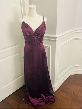 Plum Satin V-Neck Evening Gown with Delicate Straps